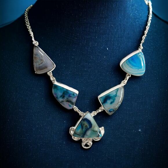Blue Statement Necklace, Handcrafted Sterling Silver with Dyed Agate, 18-Inch - Picture 1 of 10